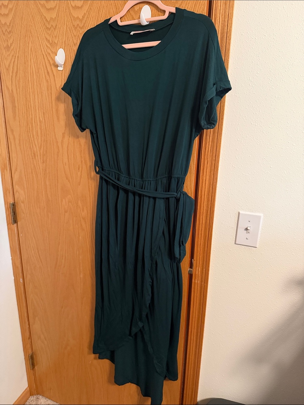 JJs House Gorgeous Dk Green High-Low Belted Wrap Dress